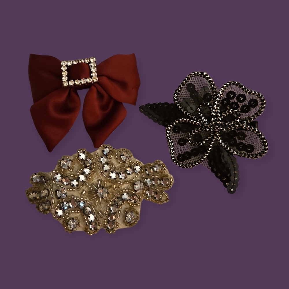 HANDMADE Formal Satin Bow Floral Sequin Hair Clips